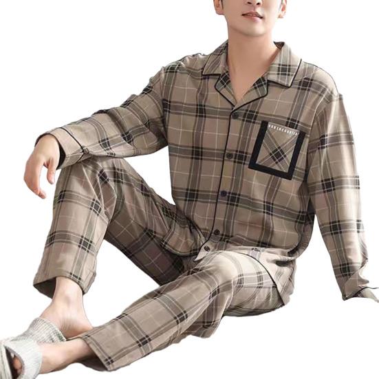 2 Pcs/Set Men Fall Winter Pajamas Set Striped Turn-down Collar Color Matching Single-breasted Loose Wide Leg Elastic Waist Homewear Shirt Trousers