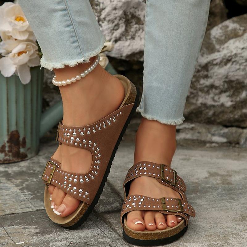Fashion Summer Suede Flat Slippers for Women Soft Bottom Rivet Street Style Woman Slippers Buckle Strap Solid Woman Slides
