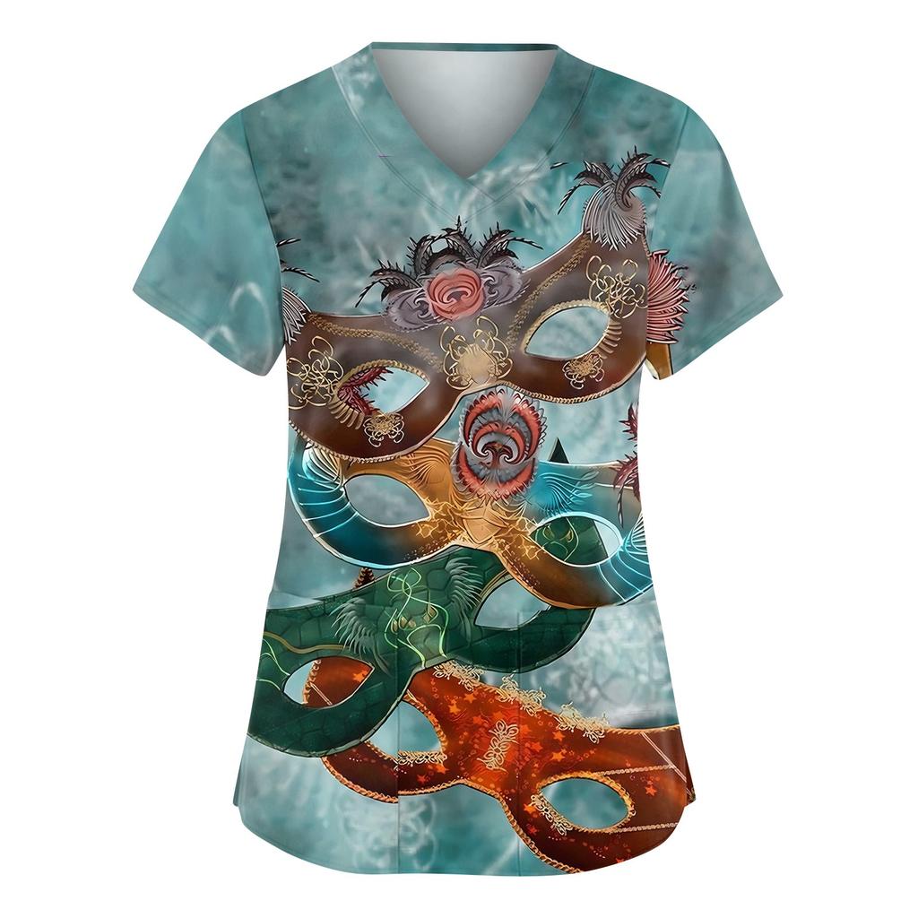 Women's Fashionable V-neck Workwear Printed Short Sleeved Pocket Side Slit Workwear Basic Pullover Top