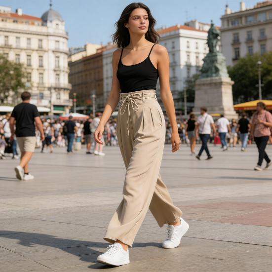 Women Pants High Waist Lace-up Casual Wide Leg Trousers with Pockets Pure Color Design Loose Fit Long Pants Daily