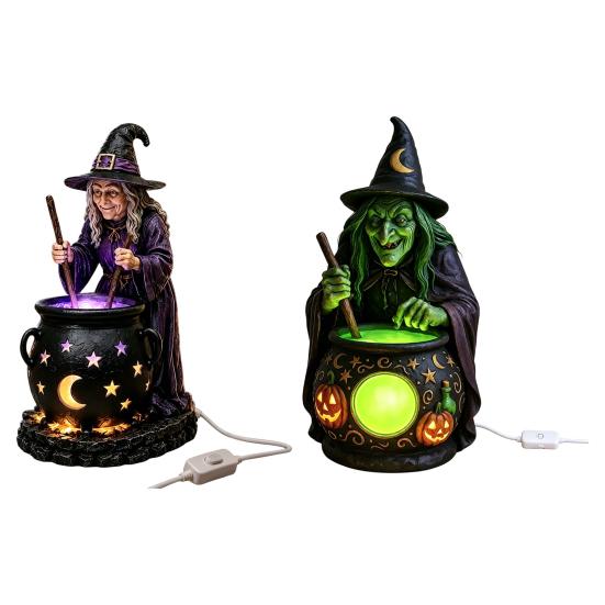 LED Witch Cauldron Light Halloween Statue with Glowing Cauldron, USB Powered Resin Black Lighted Lamp Pot Figurine Green/Purple for Party Home