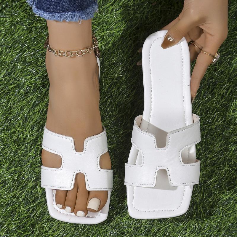 New square-headed open-toed versatile non-slip simple one-word slippers flat-bottomed fashionable beach slippers women