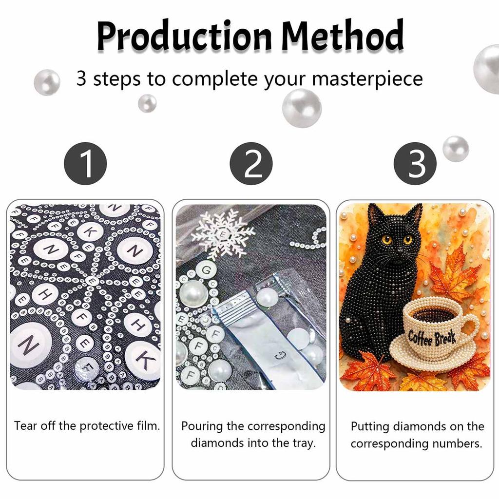Framed Pearl Painting Kit Black Cat Coffee Break Autumn Leaves 3D Shiny Bead Art Canvas for Bedroom Living Room Decoration