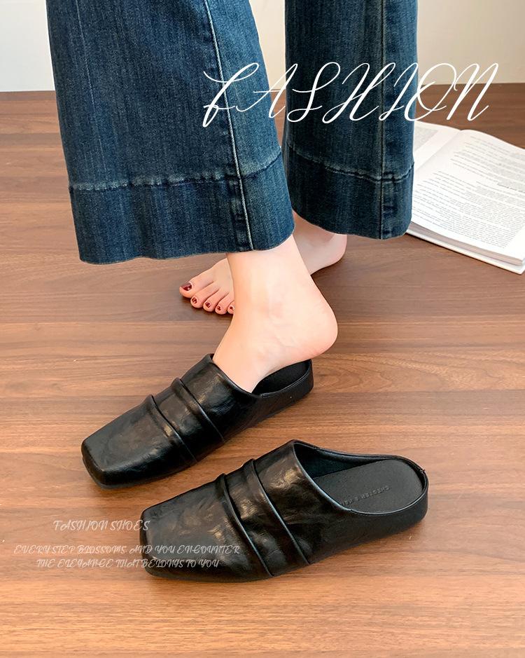 thick-soled pleated bag head half slippers large size women's shoes 2025 spring and summer square head small leather shoes cool slippers women