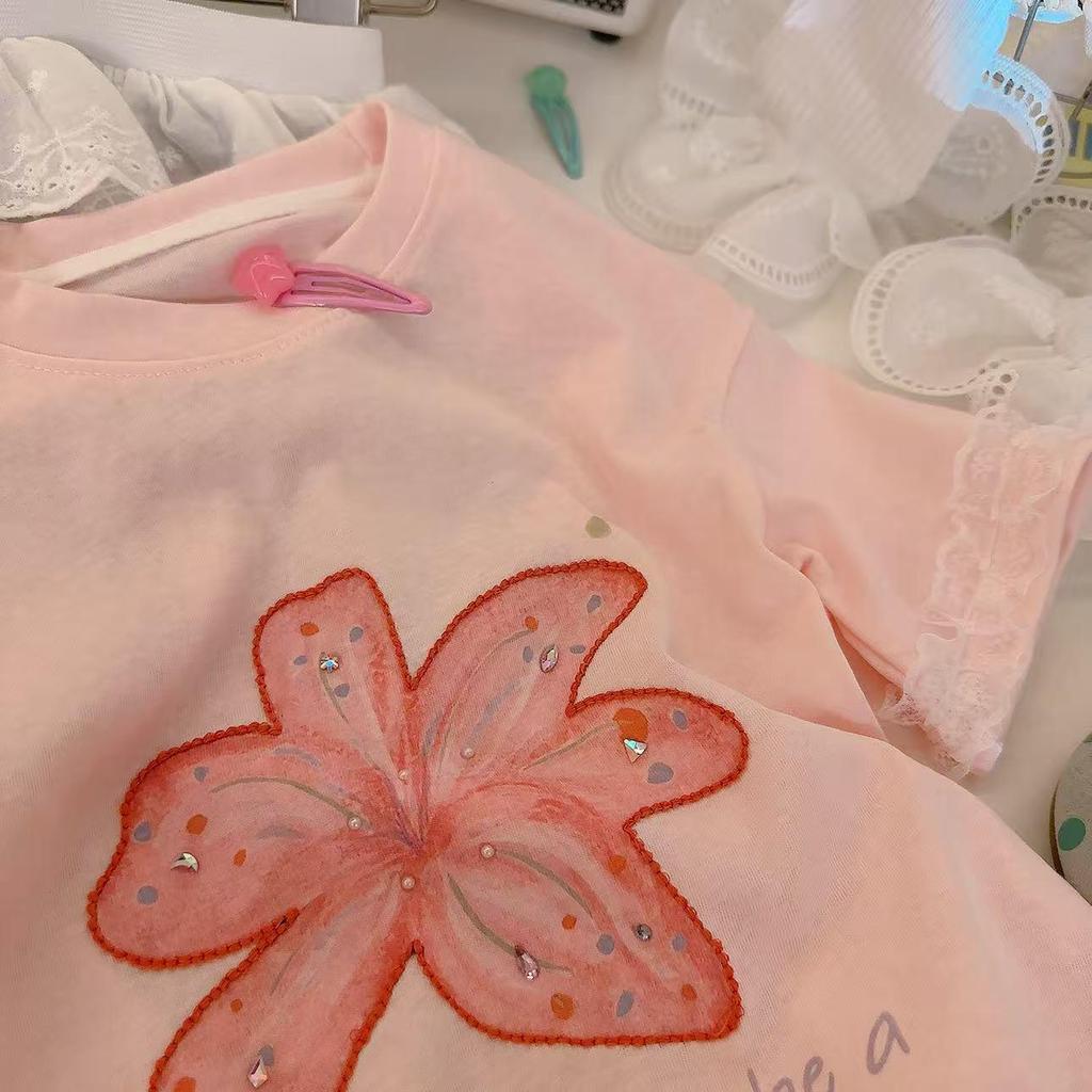 2026 Summer Milk Candy Girl's Lace Trim Embroidered Chiffon Parent-Child Short Sleeve Shirt