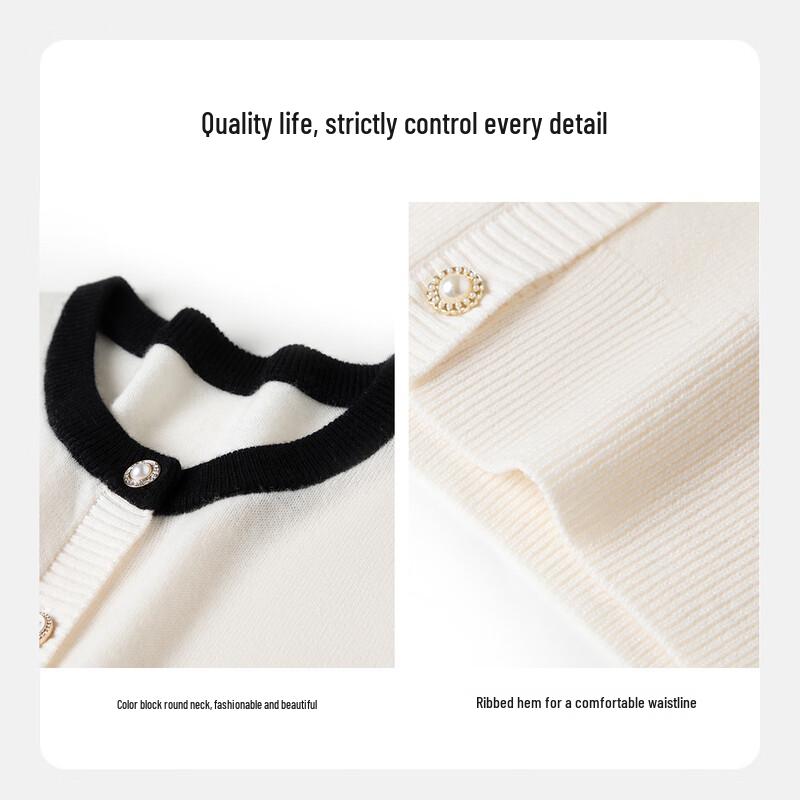 TUHUANG Women's Pure Wool Color Block Round Neck Cardigan