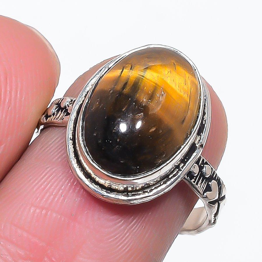 

Natural Tiger Eye Gemstone 925 Sterling Silver Jewelry Ring Size 7.5 O3N61