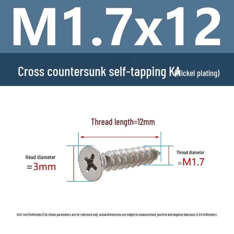 YiguYigu Nickel-Plated Phillips Flat Head Self-Tapping Screws M1-M5, Carbon Steel