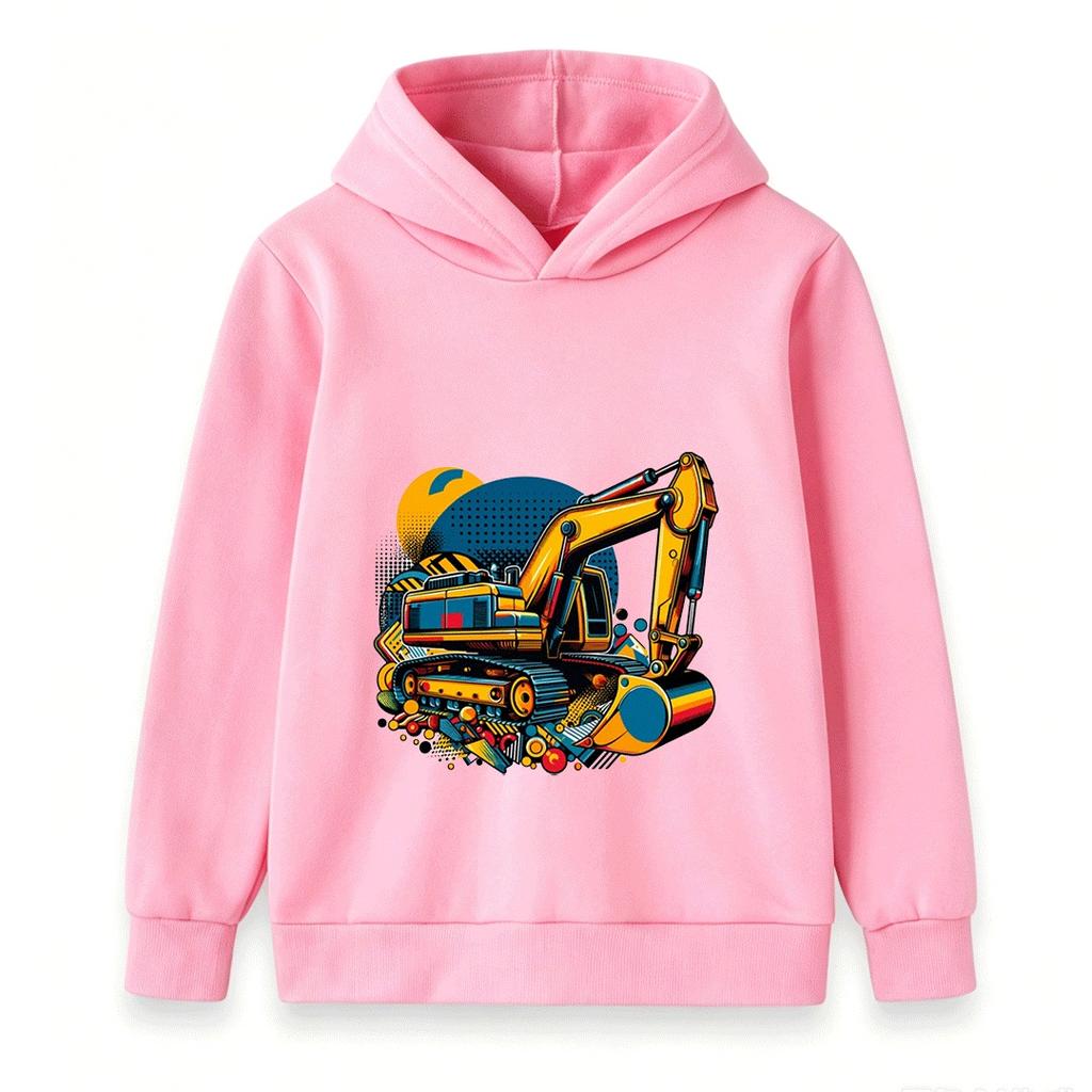 Kids Excavator Print Hoodie Sweatshirt, Cartoon Construction Vehicle Pullover for Boys Girls, Casual Long Sleeve Tops for Daily Wear