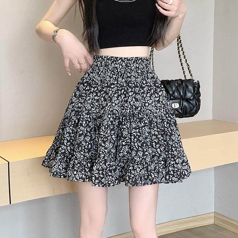 Qooth Summer Floral Pleated A Line Sweet Mini Ruffle Skirt Tiered Elastic Waist Bud Skirt QT2627