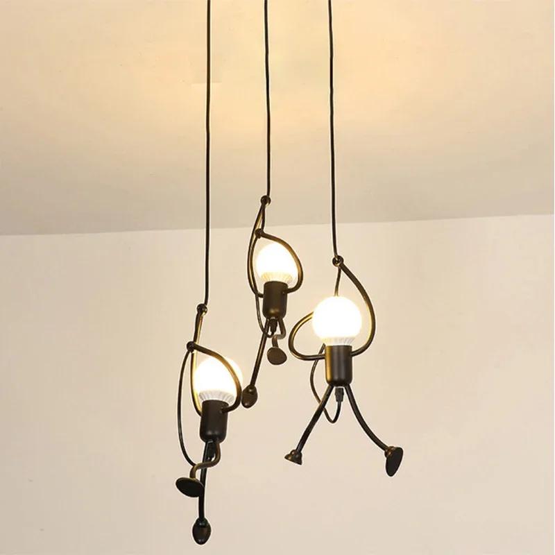 Vintage Iron Little Man Modern Arts Chandelier LED Ceiling Lamp Home Living Room Children Bedroom Decor Black E27 Pendant Lights