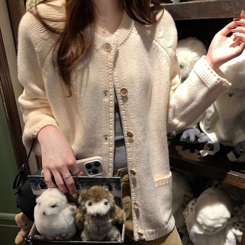 Stilvoller Basic Uni-Strickcardigan Damenbekleidung Lässig Rundhalsausschnitt Herbst Winter Locker Einreiher Koreanische Pullover