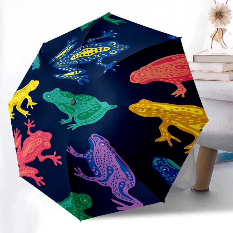 1pc Frogs Pattern Automatic Folding Umbrella - Windproof Compact Travel Umbrella with Auto Open/Close, 8-Rib Heavy-Duty Shaft for Women/Men A010