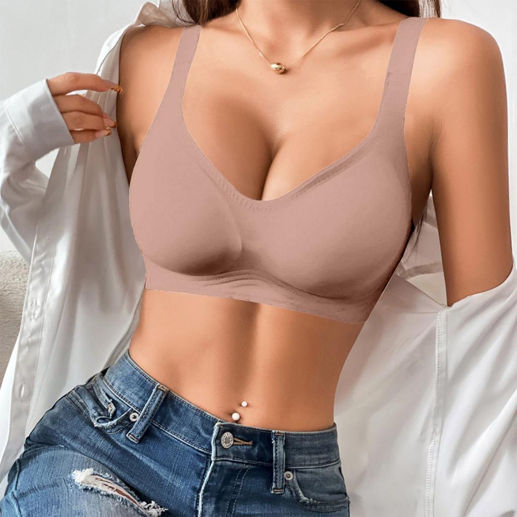 Wireless Seamless V Neck Bra for Women Stretchy Soft Fabric Comfortable Support Wide Straps Non Padded Everyday Wear