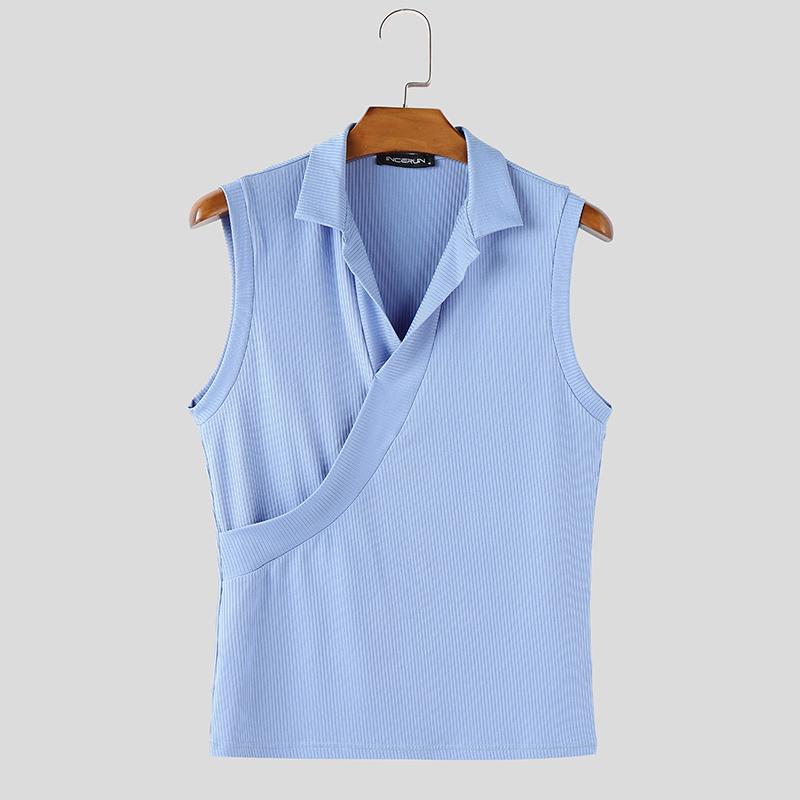 

INCERUN Summer Men Lapel Neck Sleeveless Front Cross Rib Casual Tank Tops 3XL синий