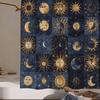 A Waterproof Shower Curtain with a Patchwork Design Featuring The Sun, Moon, And Stars, Including 12 Hooks for Hanging.