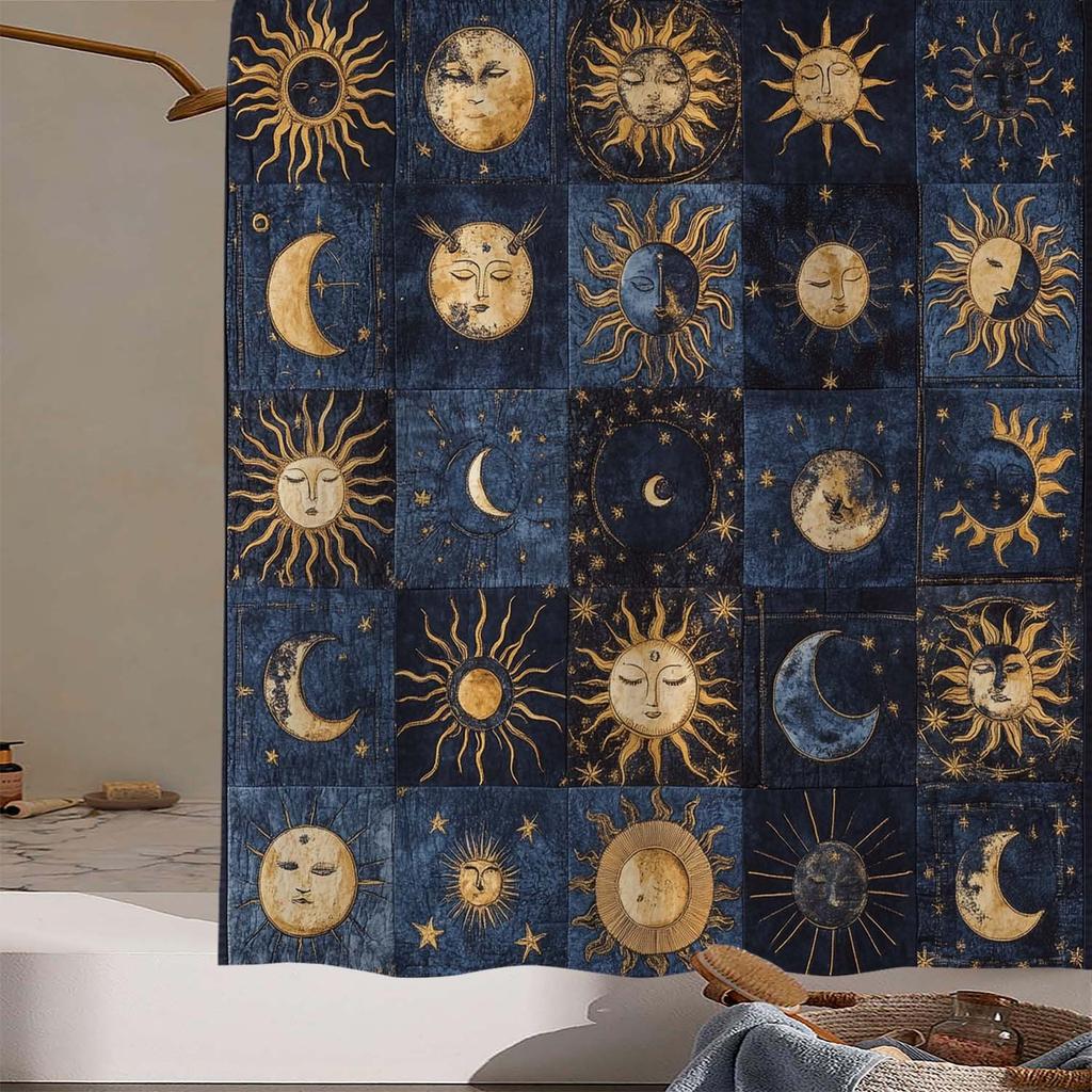 A Waterproof Shower Curtain with a Patchwork Design Featuring The Sun, Moon, And Stars, Including 12 Hooks for Hanging.