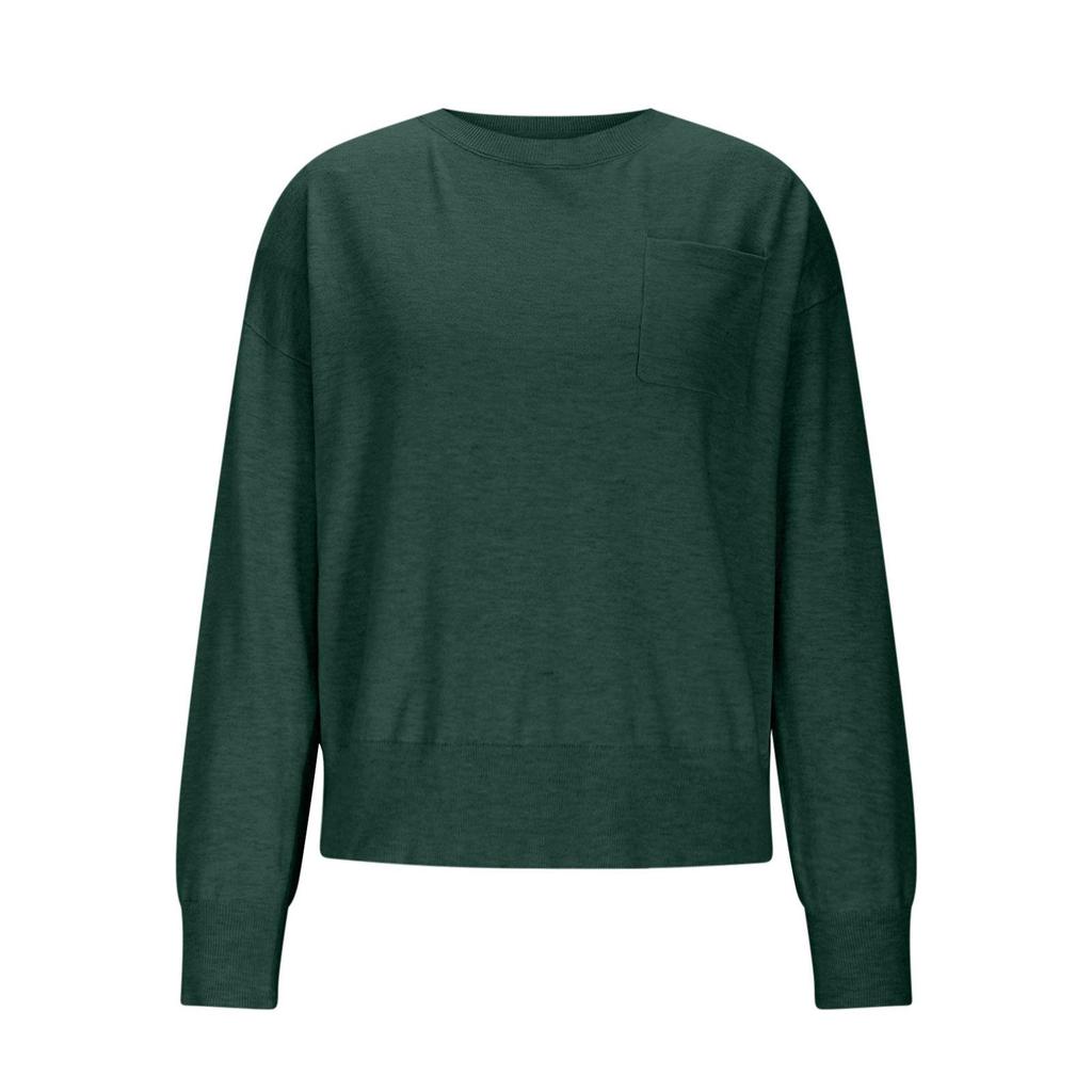 2025 Women's Solid Color Round Neck Long Sleeve Casual Pocket Pullover Sweater - Autumn/Winter European American Style