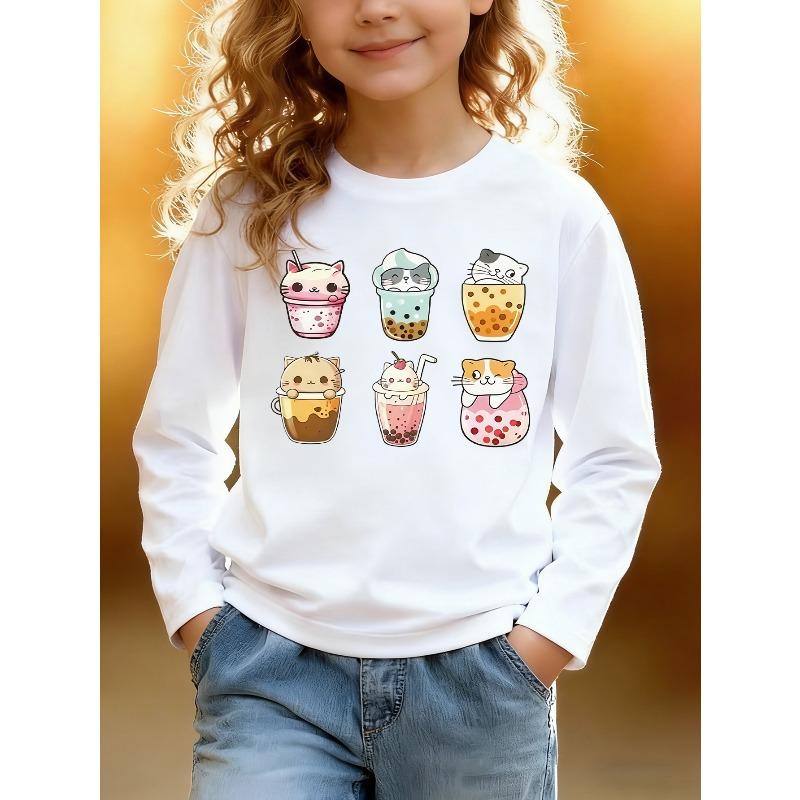 European Sizes Kids' Long Sleeve Top, Fashionable Round Neck Sweatshirt with Fun Cat and Bubble Tea Print, Cute Top for Casual Daily Wear