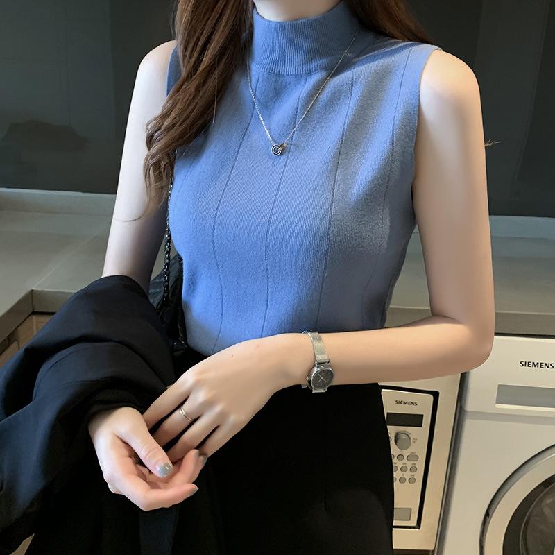 Korean Fashion Ladies Tops Women Tops Casual Clothes Sleeveless Solid Women Blouse Knit Elastic Blusas