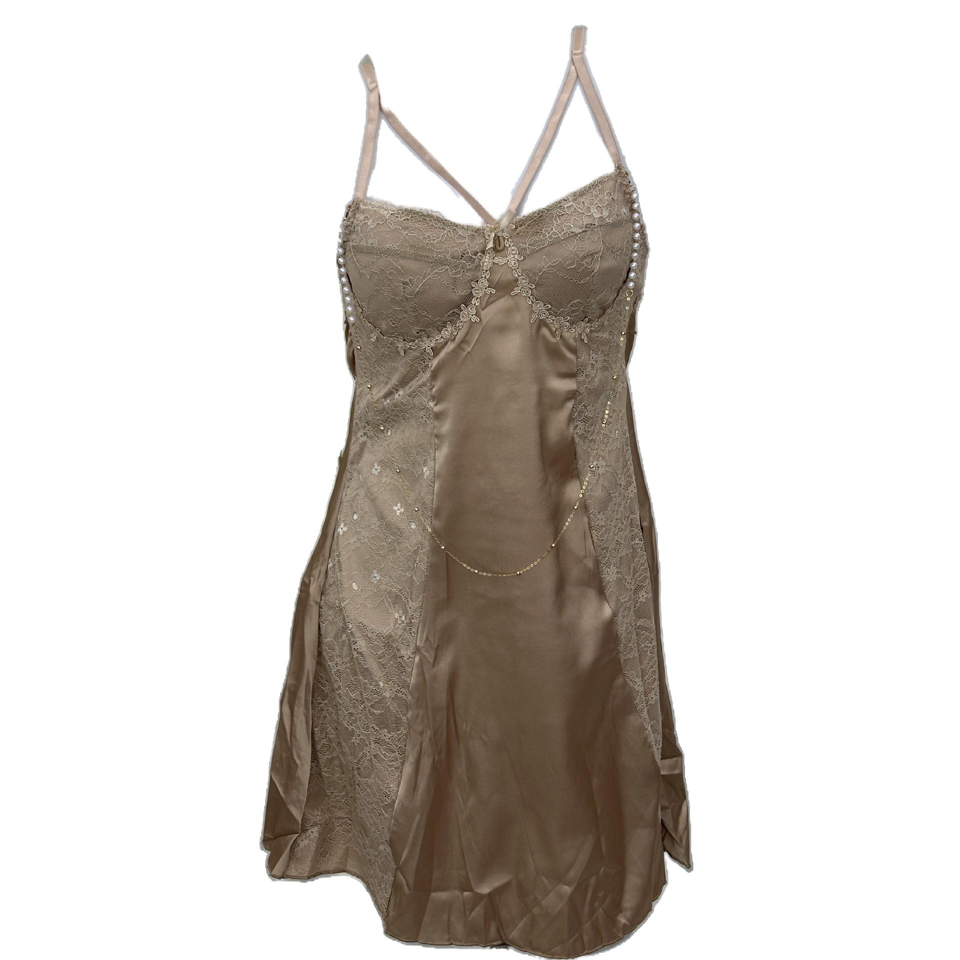 French Lace Sexy Beaded Nightgown with Chest Pads - Pure Desire Style Camisole Sleepwear for Women One Size (fits 80-130 jin)