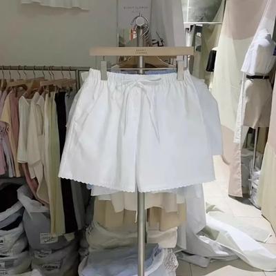 Summer New Style Striped Lace Elastic Waist Straight Wide Leg Casual Shorts for Women