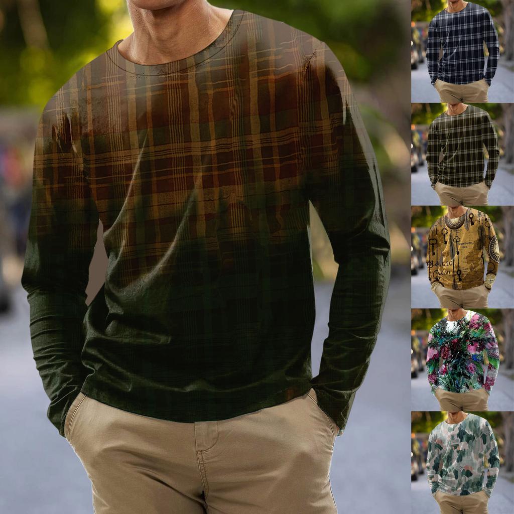 Men's Fashion Casual Stripe Printed Long Sleeve O-Neck Shirts Tops Blouse