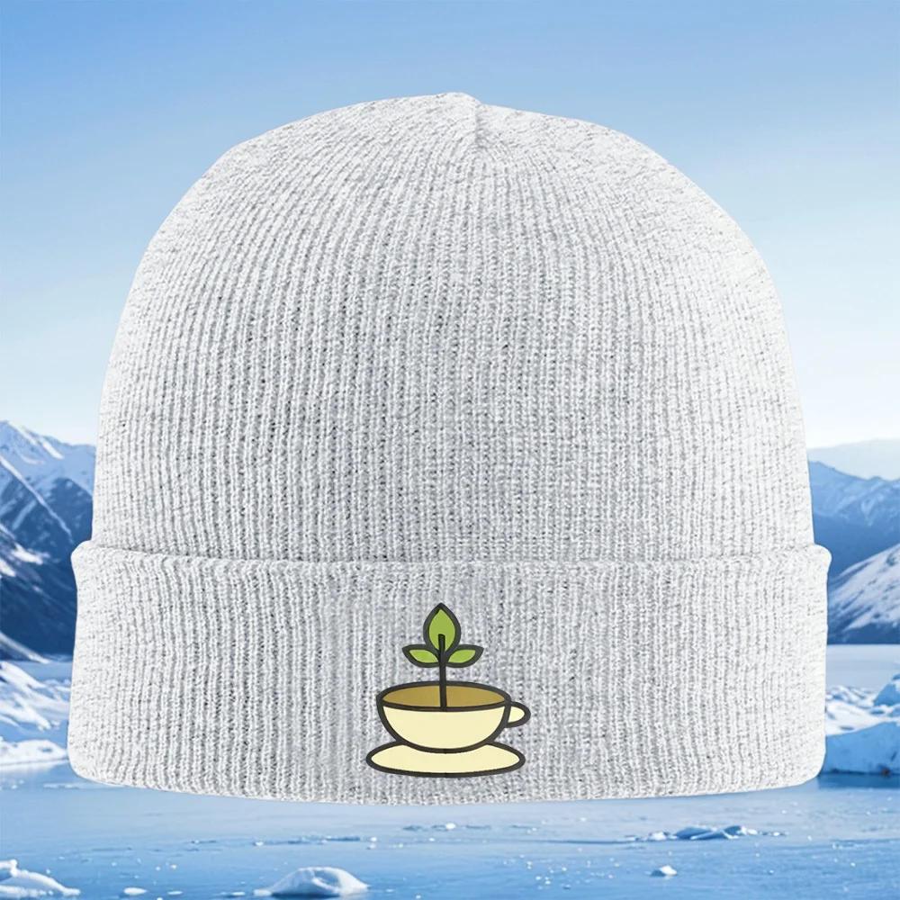 Tea Cup Plant Sprout Leaves Growing Unisex Women Unisex Knitted Hat Beanie Pullover Cap Winter Thermal Warm Christmas Outdoor Cycli