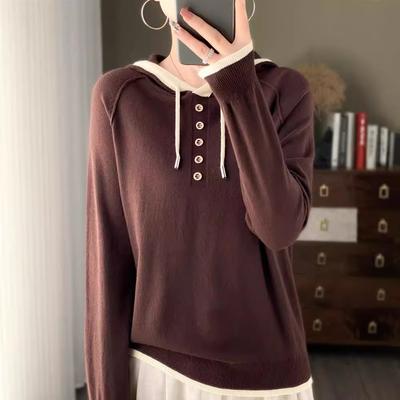 Sudadera de punto para otoño e invierno, prendas de punto para mujer, bloques de color, medio botón de corbata, holgada, informal, simple, con cordón, camiseta de base