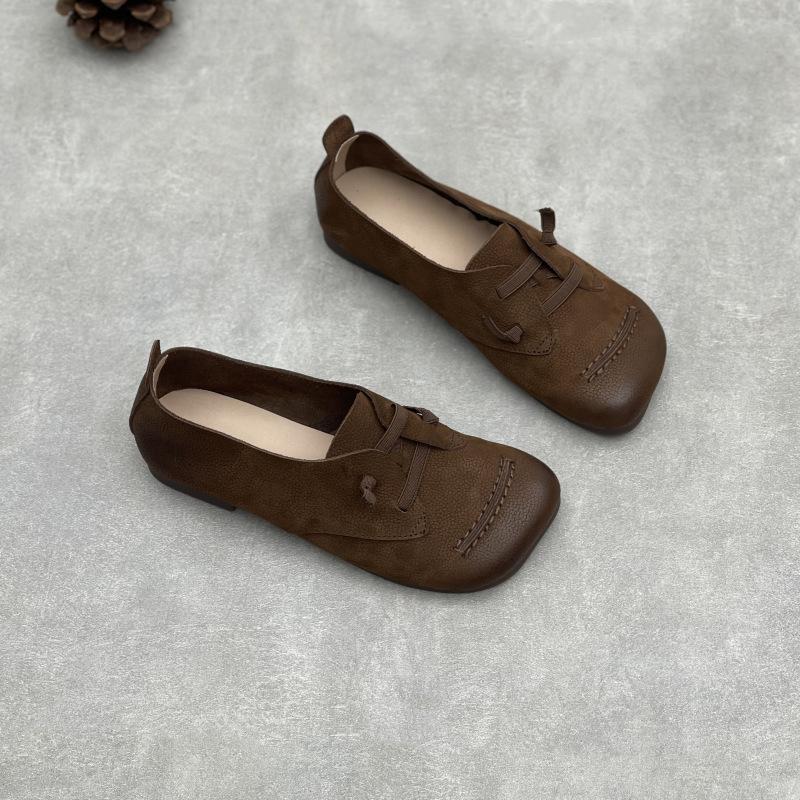 

Retro Round-toed Comfortable and Elastic Top Layer Cowhide Casual and Versatile Soft Cowhide Women s Shoes 40 кофейный