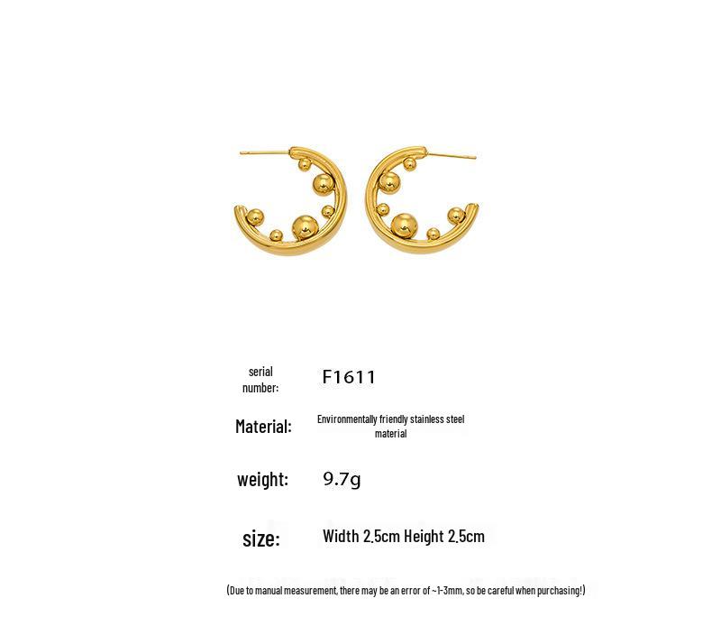 C-Shaped Gold Bead Earrings: European and American Design, Stainless Steel, Thick Gold Plating.