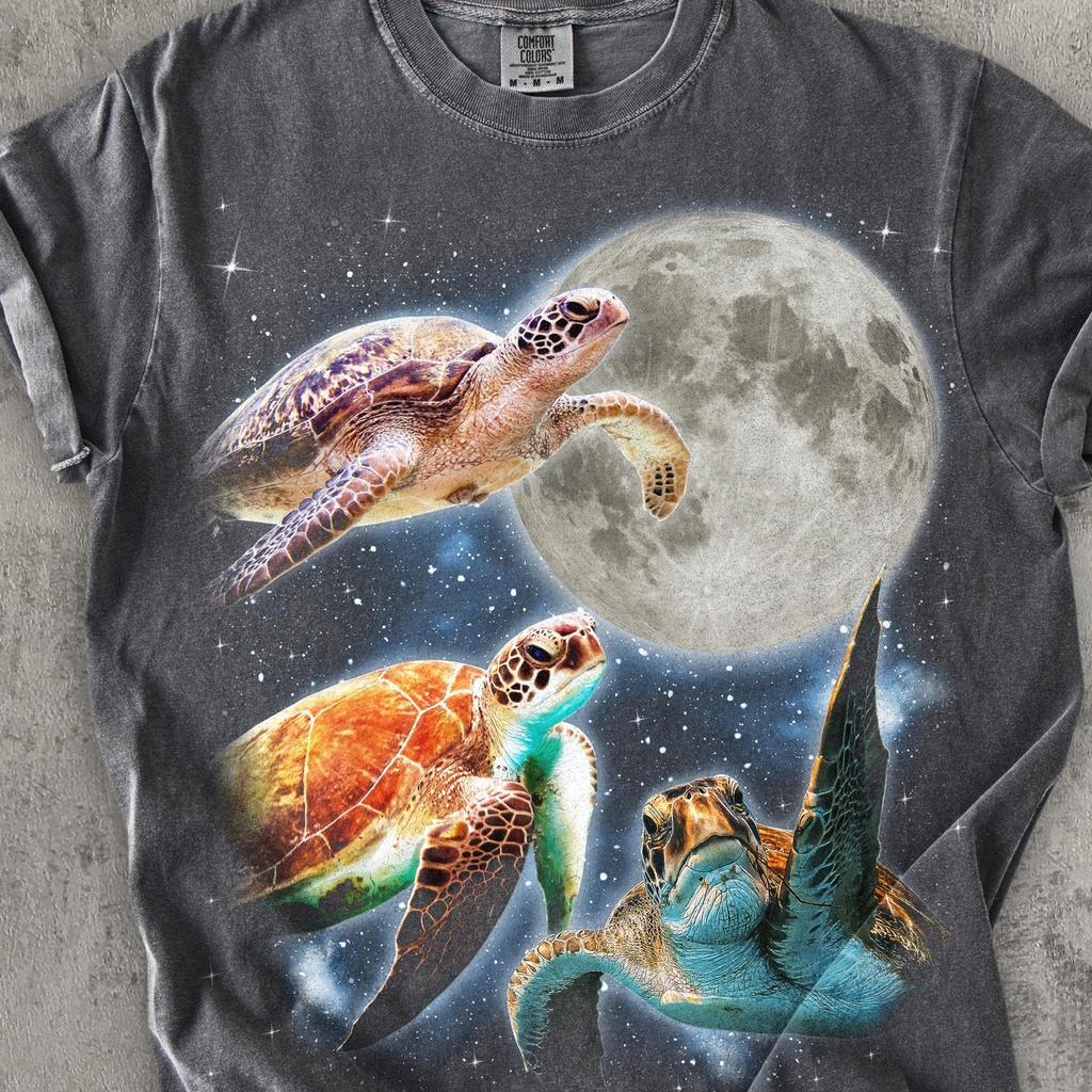 Three Sea Turtles Retro Graphic T shirts, Turtle Moon T shirt, Comfort Colors Shirt, Funny Tee, Unisex Cotton Shirts, Gag Gifts