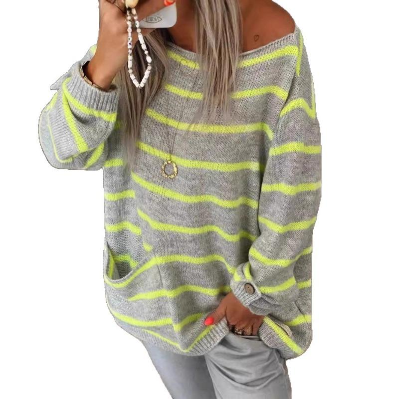 Loose Fit Round Neck Long Sleeve Striped Color Block Pullover Sweater For Women