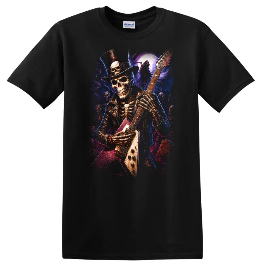 Skeleton Guitarist T Shirt Rock Music Halloween Ghosts Scary Tee