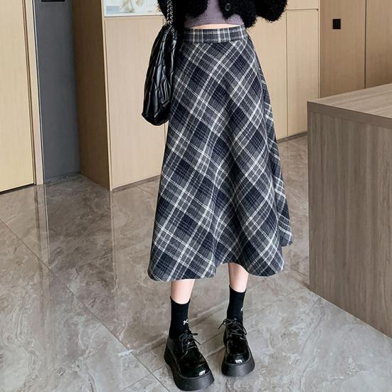 Dámská midi sukně s vysokým pasem áčkového střihu vlněná sukně kostkovaný vzor zeštíhlující sukně do půli lýtek denní domácí streetové oblečení