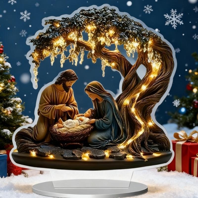 Sacred Nativity Scene Under Tree Resin Sculpture Decoration with LED Lighted for Christmas Home Tabletop Decors Ornament