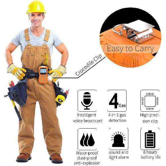 Portable Gas Detector, Gas Clip 4 Gas Monitor Meter Tester Analyzer, Rechargeable LCD Display Sound Light Shock Air Quality Tester, 2 Year