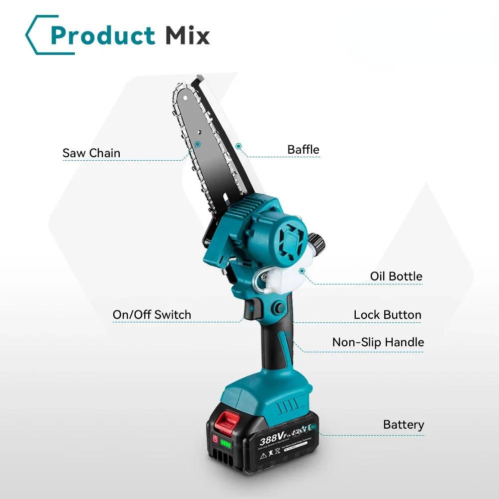Fierăstrău electric fără perii de 2000W cu 6 inci cu bidon de ulei reglabil, drujbă portabilă fără fir pentru tăiat bușteni, unealtă pentru tăiat ramuri