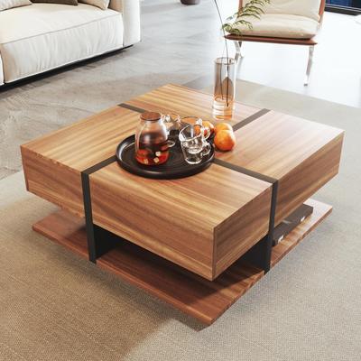 Coffee Table, Living Room Table with 4 Drawers, Modern Side Table, Coffee Table with Two Shelves