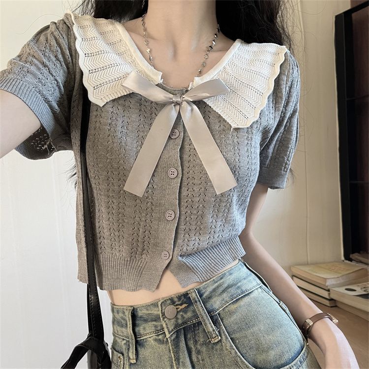 Doll Collar Hollowed-out Short-sleeved Knitted Cardigan for Women Sweet Scalloped Turnover Collar Short College-style Elegant Top In Summer