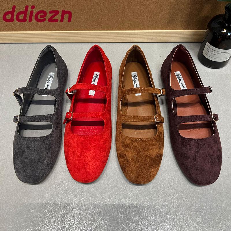 Fashion Buckle Fashion Flock Ladies Mary Janes Flats Shoes 2025 New Shallow Female Soft Footwear Round Toe Women Ballet Flats Shoes