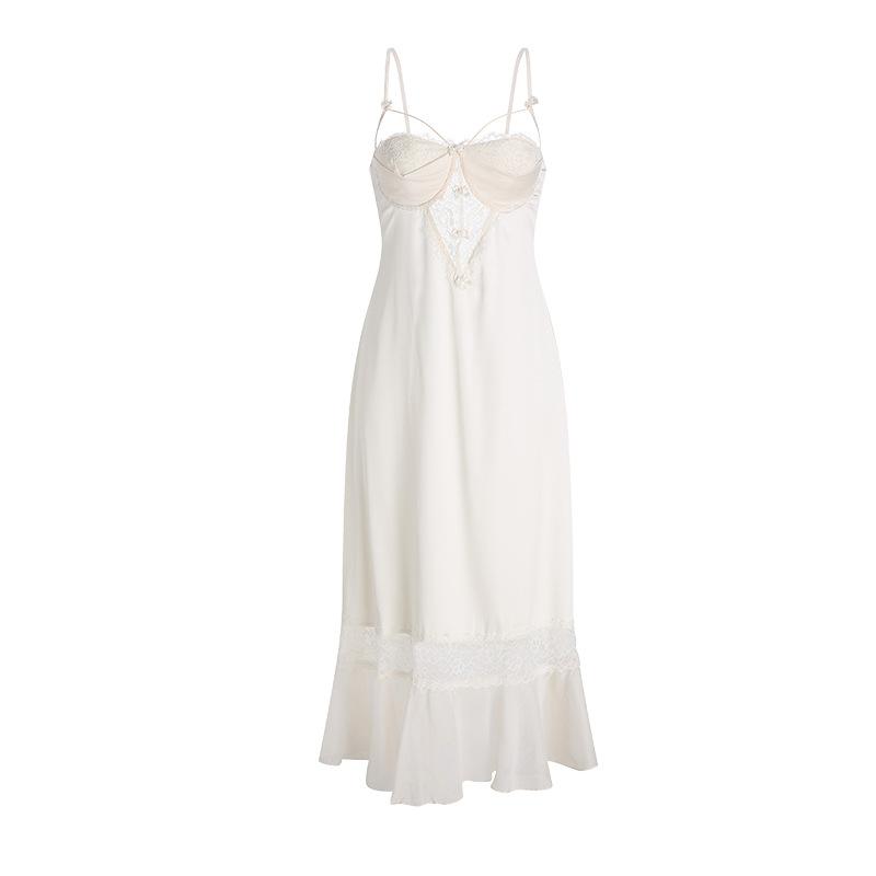 Women's Silky Padded Backless Long Cami Dress with Mesh Robe Lounge Set