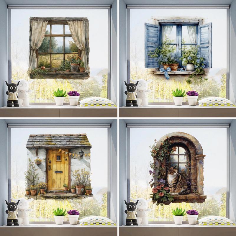 Forest-style Bedroom Sofa Wall Stickers: Window, Plants, Flowers, Cat Mural Decoration