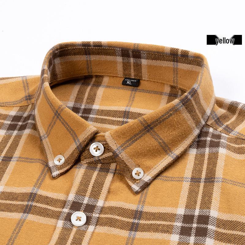 Brand Men's Pure Cotton Brushed Plaid Long Sleeve Shirt - High-End, Versatile, Casual, Thick Style for Youth