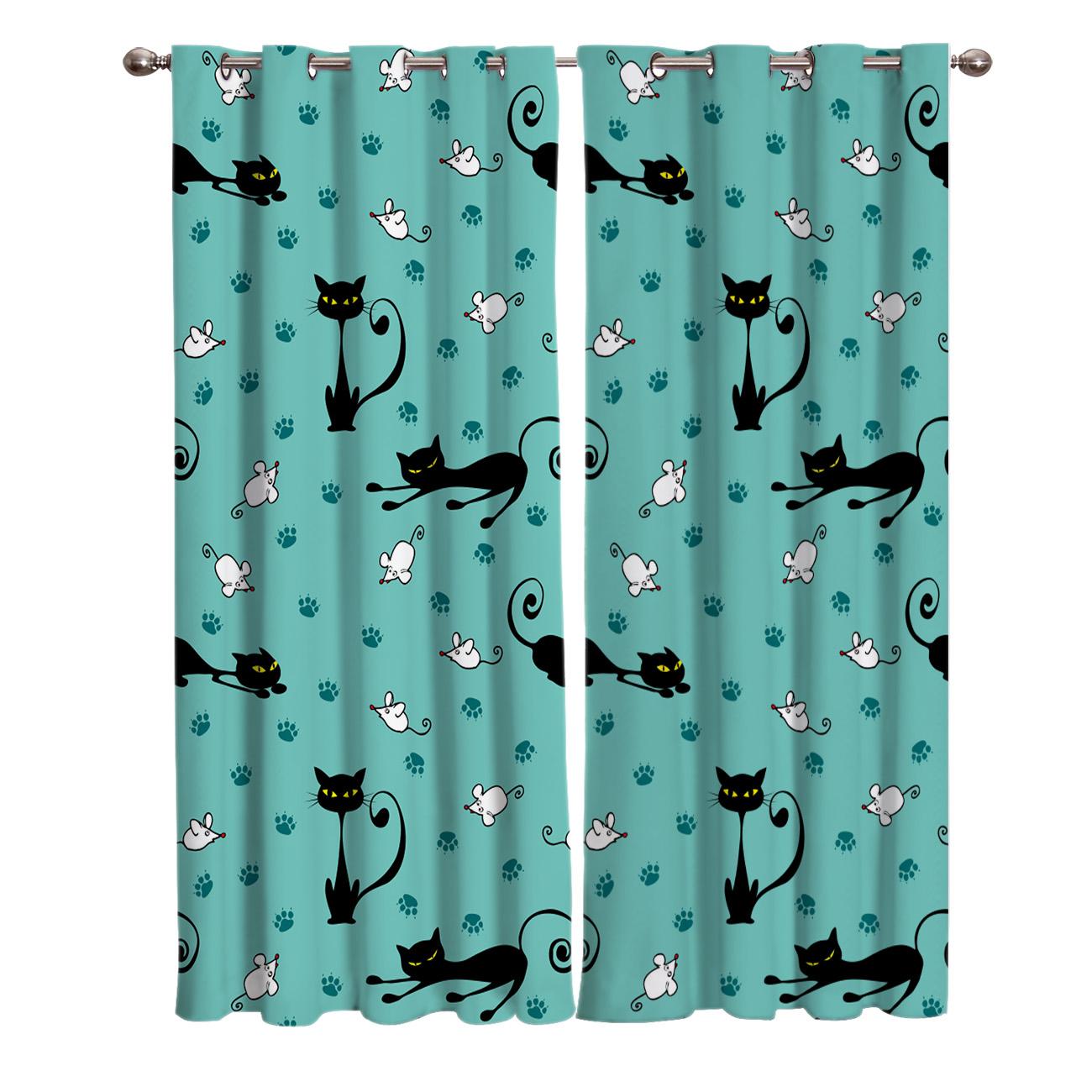 

Мультяшные черные кошки, белые мышиные лапы, оконные шторы с принтом, шторы для гостиной, декоративные предметы для гостиной 90W x 100H(cm) x2