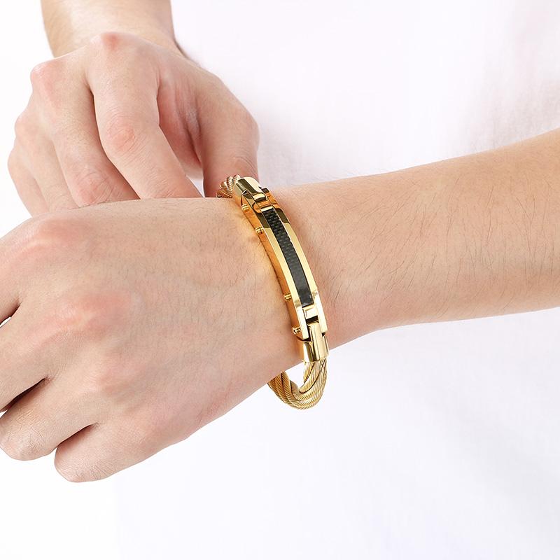 Stainless Steel Cable Wire Bracelet for Men Gold Color Magnetic Clasp Jewelry Trendy Black Accent Wristband Accessory for Gifts