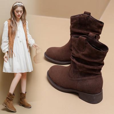 Fashion Western Stacked Boots Women Fashion Chunky Heeled Mid-calf Boots Women Spring Autumn Shoes Solid Retro Botas