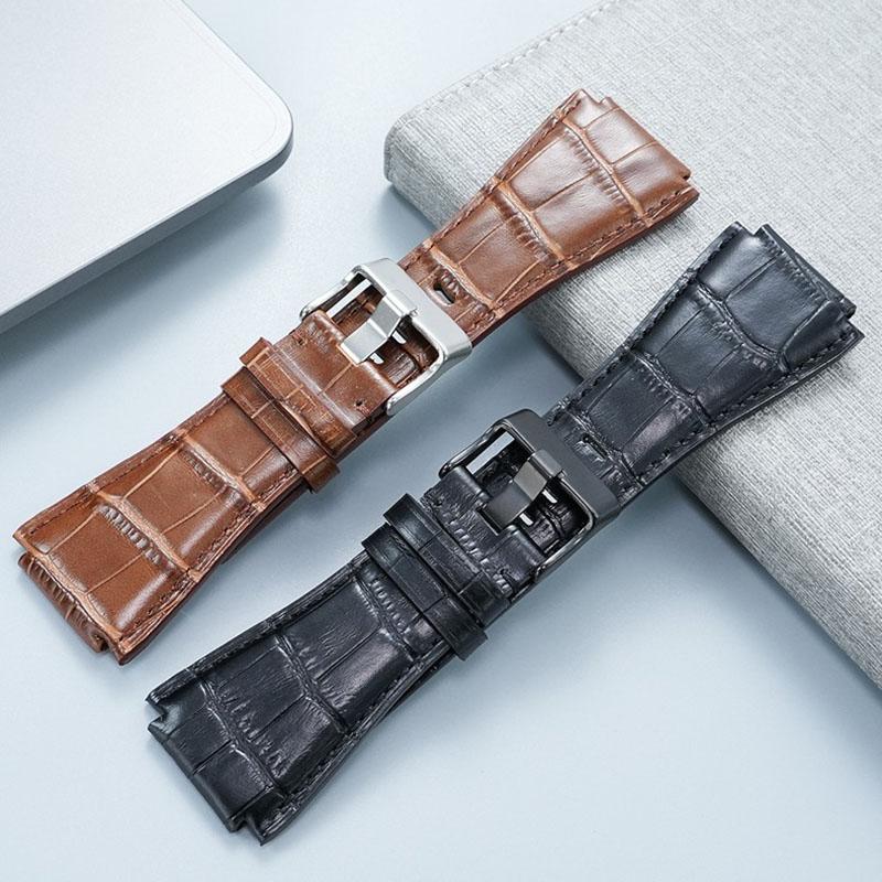 24mm High Quality Cowhide Leather Watch Strap for BR Bell Ross Watch Chain BR01 BR03 Convex New Bamboo Knot Pattern Wristband