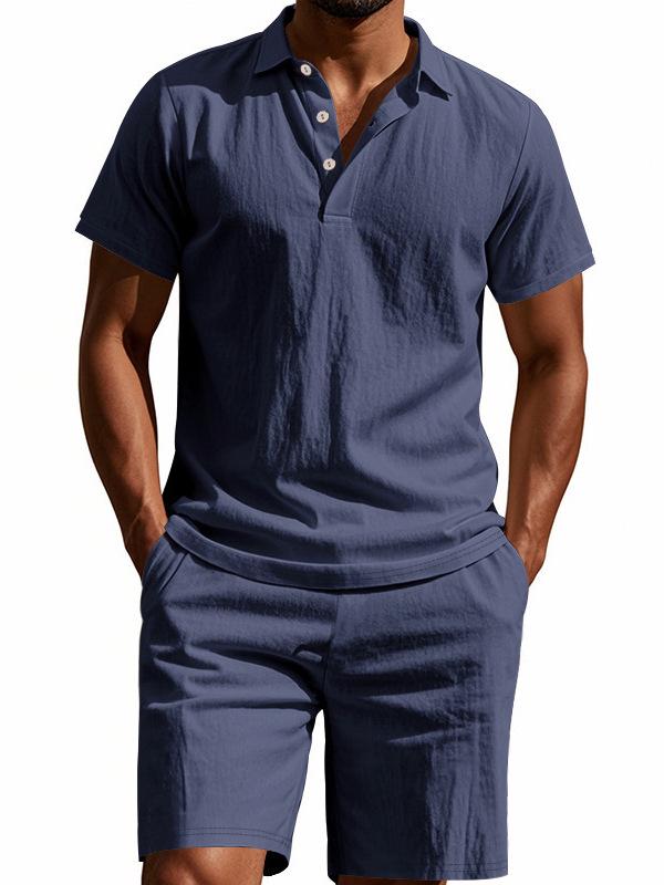Men's European Summer Linen Polo Shirt and Shorts Set - Breathable, Casual, Loose Fit