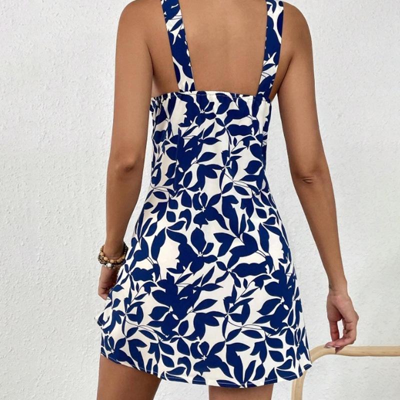 Europe, America 2025 Spring and Summer New Cross-border Amazon Printing Sleeveless Backless Short Skirt A Word Neck Dress Women's Clothing